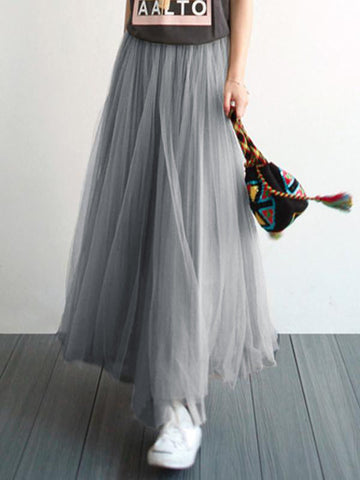 Mode Jupe Tutu Longue avec Tulle Plissé Taille Élastique Femme Gris